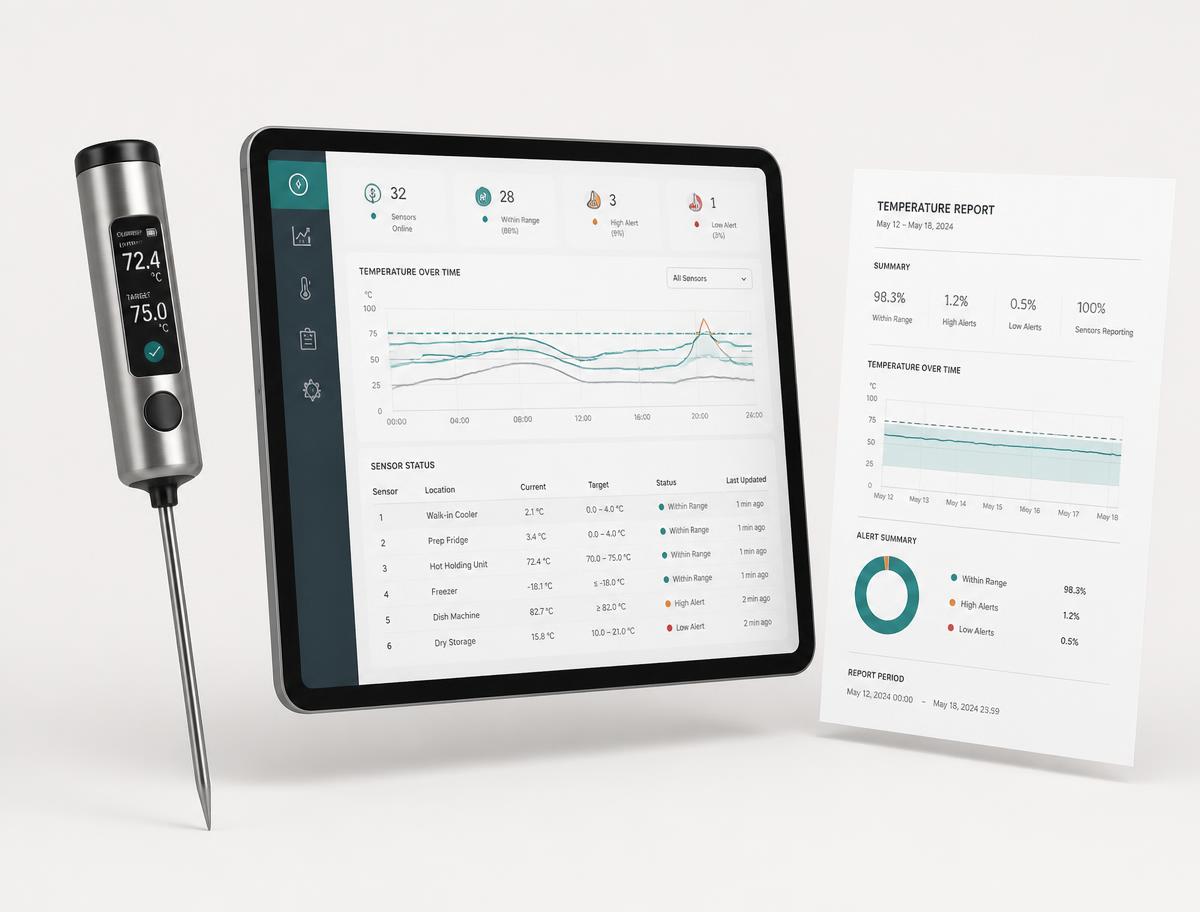Concept visual showing a connected temperature probe, a kitchen monitoring dashboard on a tablet, and a printed temperature report